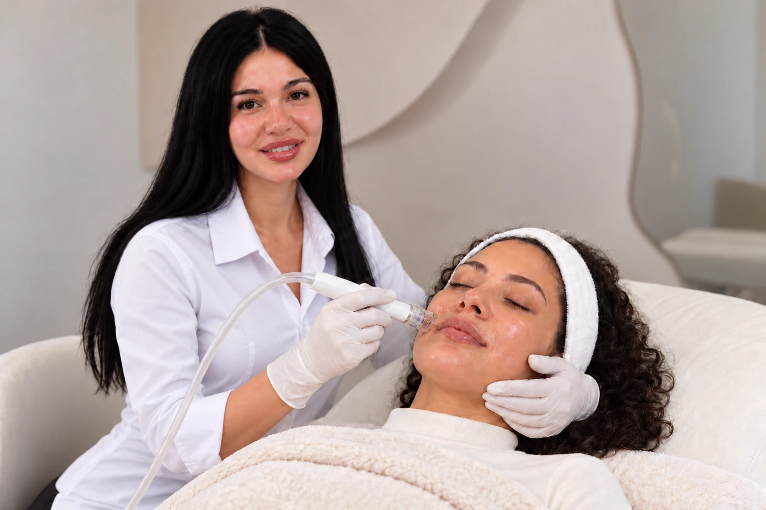 KI-Szene mit Seda bei einer Aqua-Facial-Behandlung einer erwachsenen Kundin.