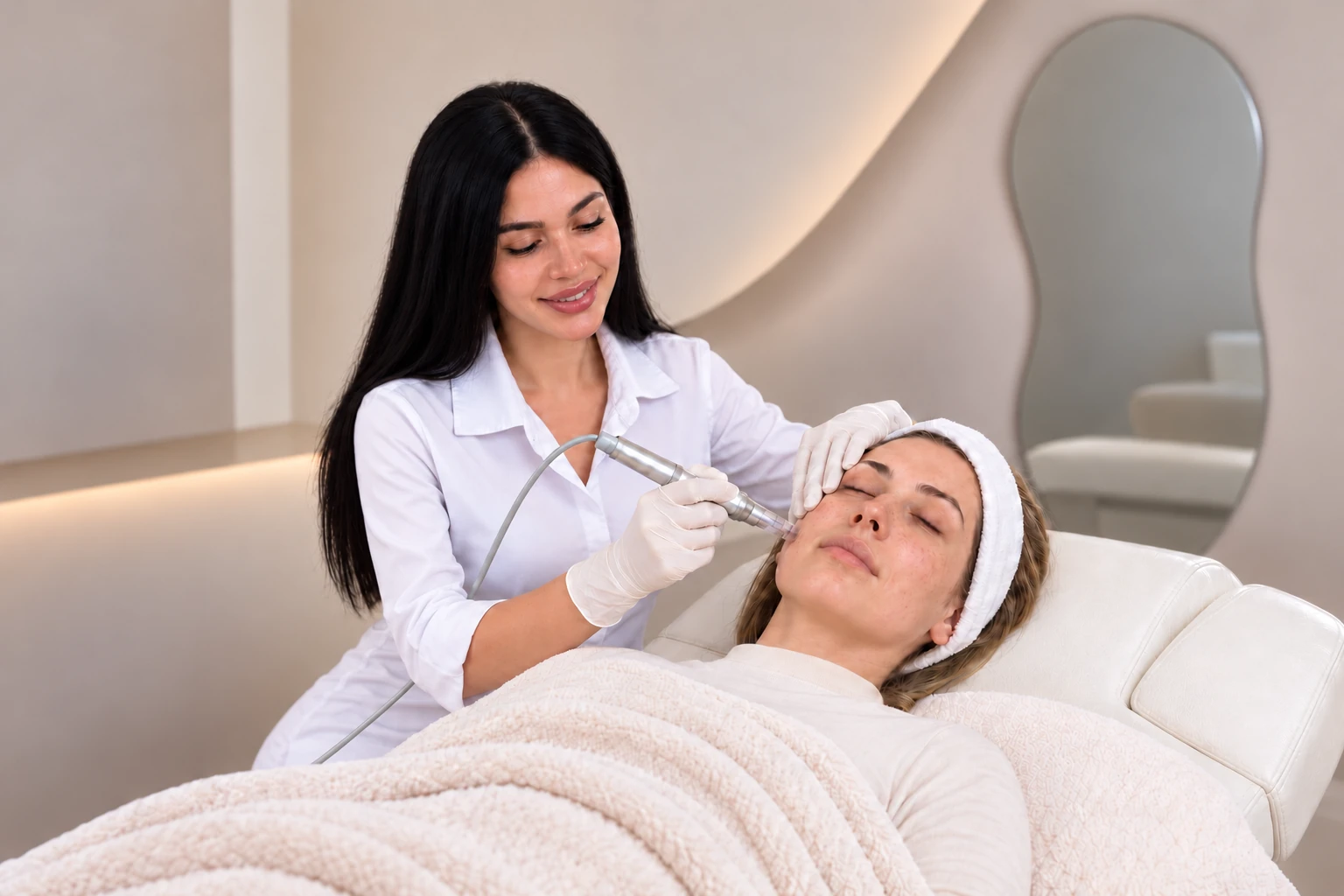 KI-Szene: Seda führt einen kosmetischen Microneedling-Pen mit transparentem Einwegaufsatz an der Wange einer erwachsenen Frau.