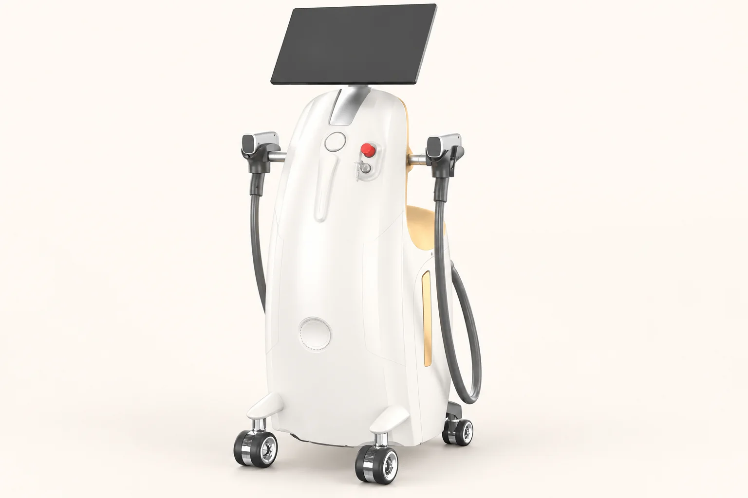 Weißer Diodenlaser mit dunklem Display und zwei Handstücken; Produktabbildung.