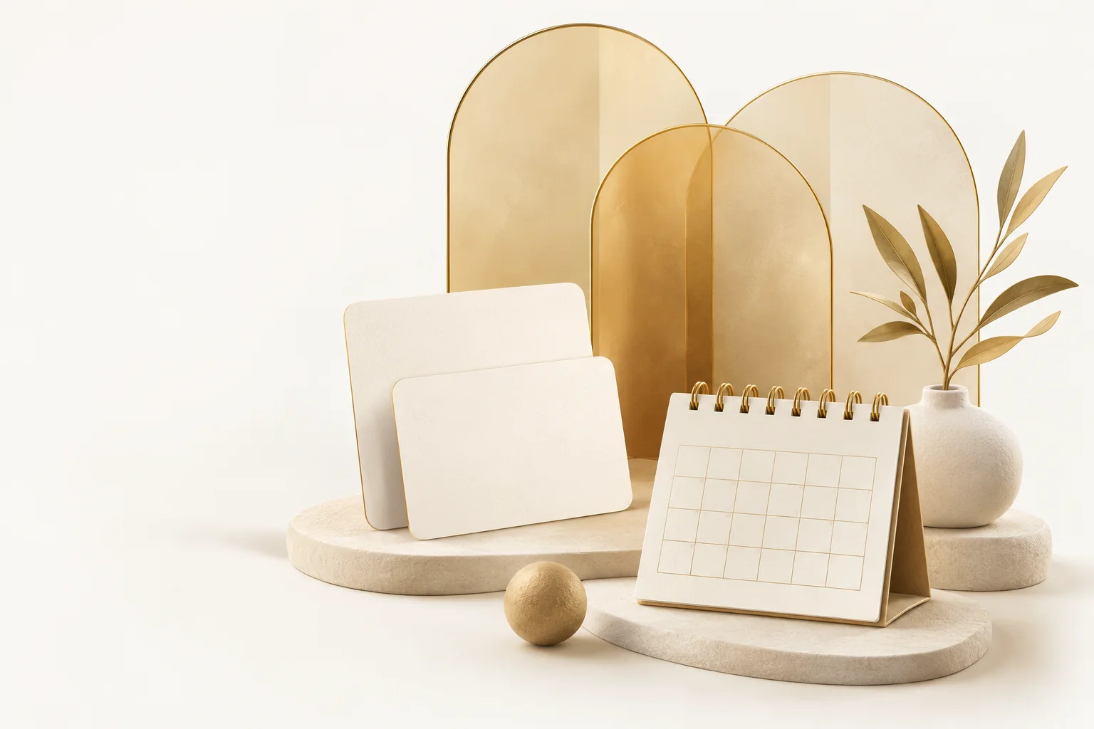 Goldene transparente Ebenen, unbeschriftete Karten und ein kleiner Kalender.
