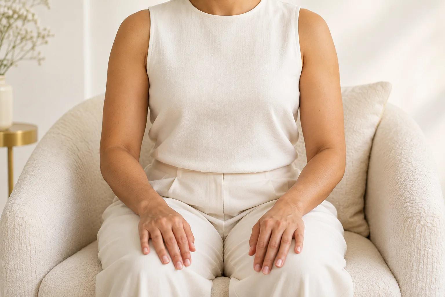 Oberarme, Unterarme und beide Hände einer sitzenden Frau in heller Kleidung.