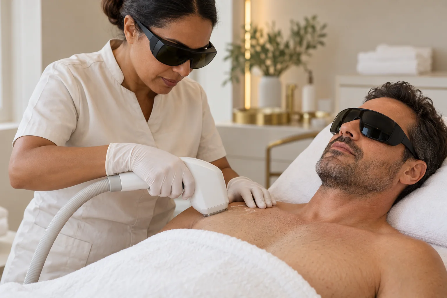 KI-generiertes Symbolbild: Erwachsene behandelnde Person mit Handschuhen bei einer Laser-Haarentfernung an der oberen Brust eines Mannes; beide tragen Schutzbrillen.