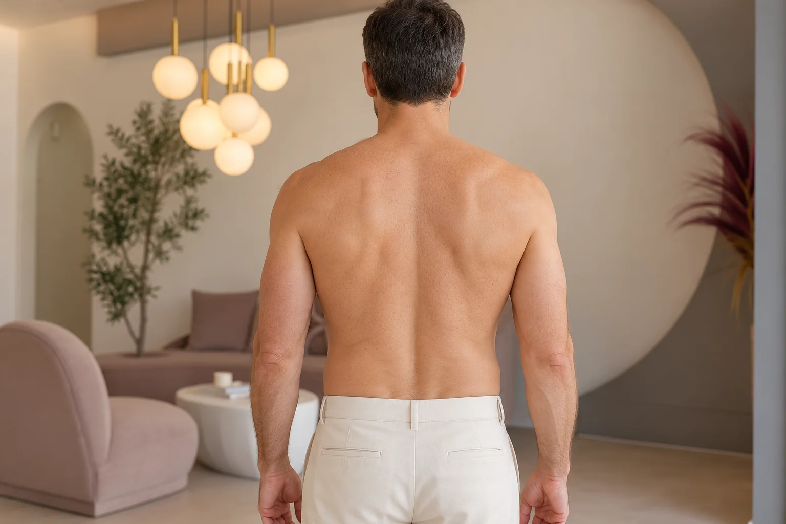 Rücken, Schultern und Nacken eines erwachsenen Mannes von hinten; der Unterkörper ist mit einer hellen Hose bedeckt.