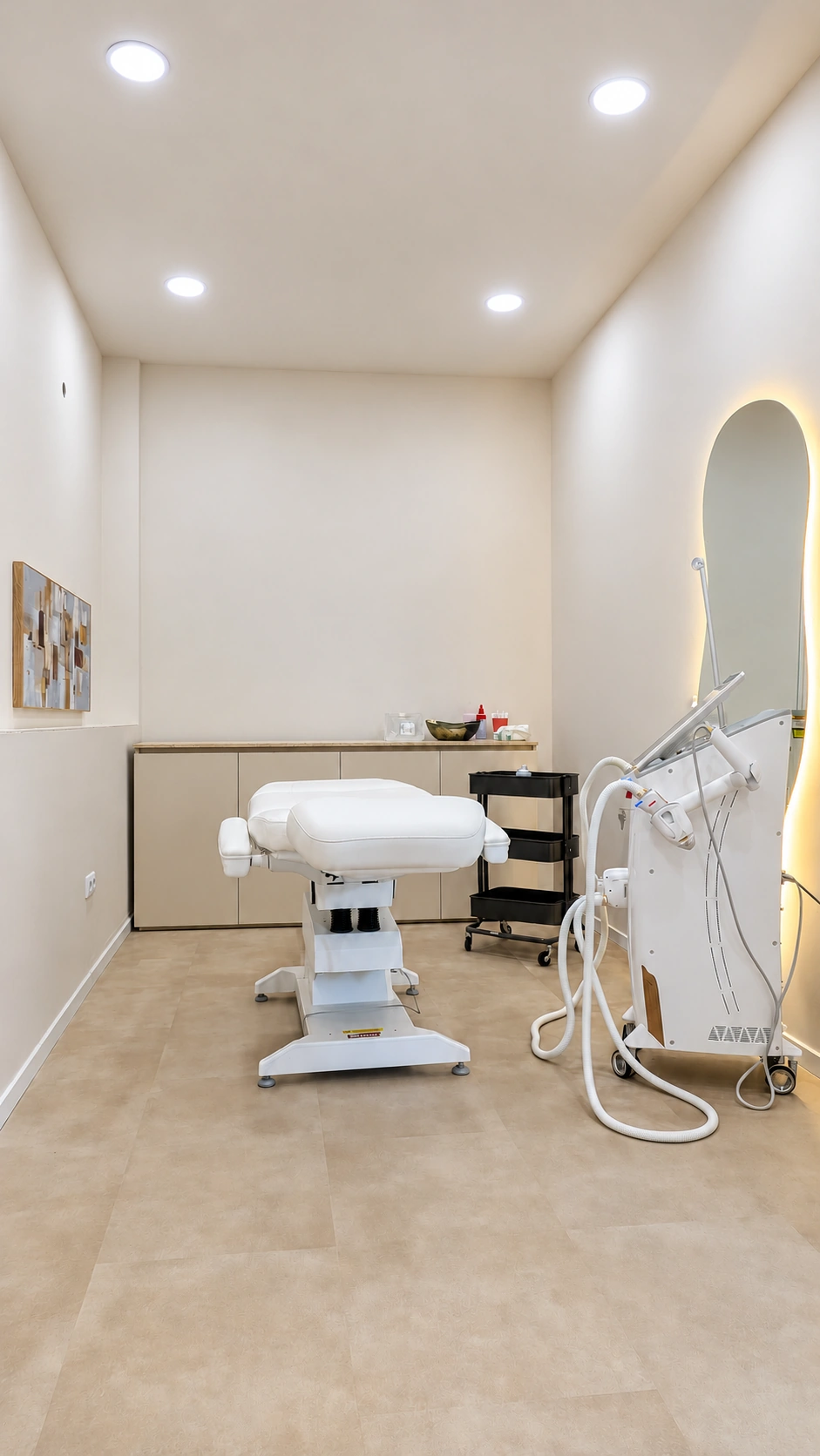 Eigener H&B-Laser-Behandlungsraum mit weißer Liege, vorhandenem Gerät und beleuchtetem Spiegel, fotografisch aufgehellt.