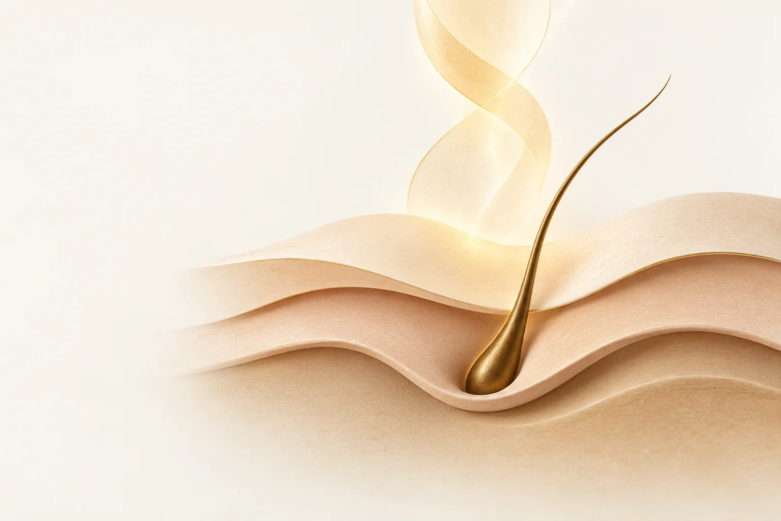 Ein goldener Lichtbogen über sanften Hautschichten und einer stilisierten Haarlinie.