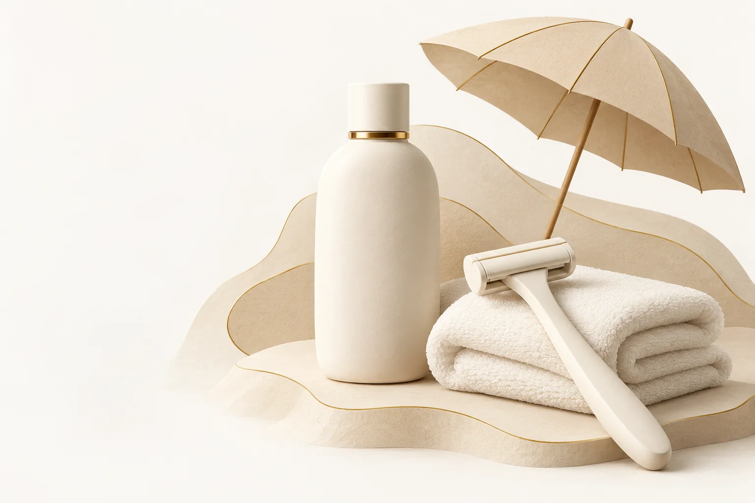 Illustration mit Pflegeflasche, Rasierer, Handtuch und kleinem Sonnenschirm-Symbol.